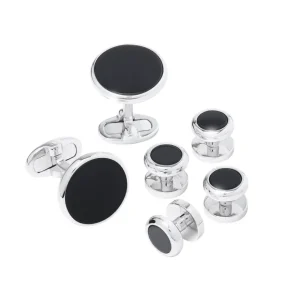 Gemstone Inlay Round Sterling Cufflink & Tuxedo Stud Set