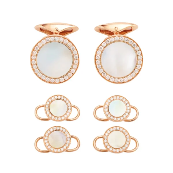 Mother of Pearl & Diamonds 18K Rose Gold Tuxedo Studs and Cufflinks Set