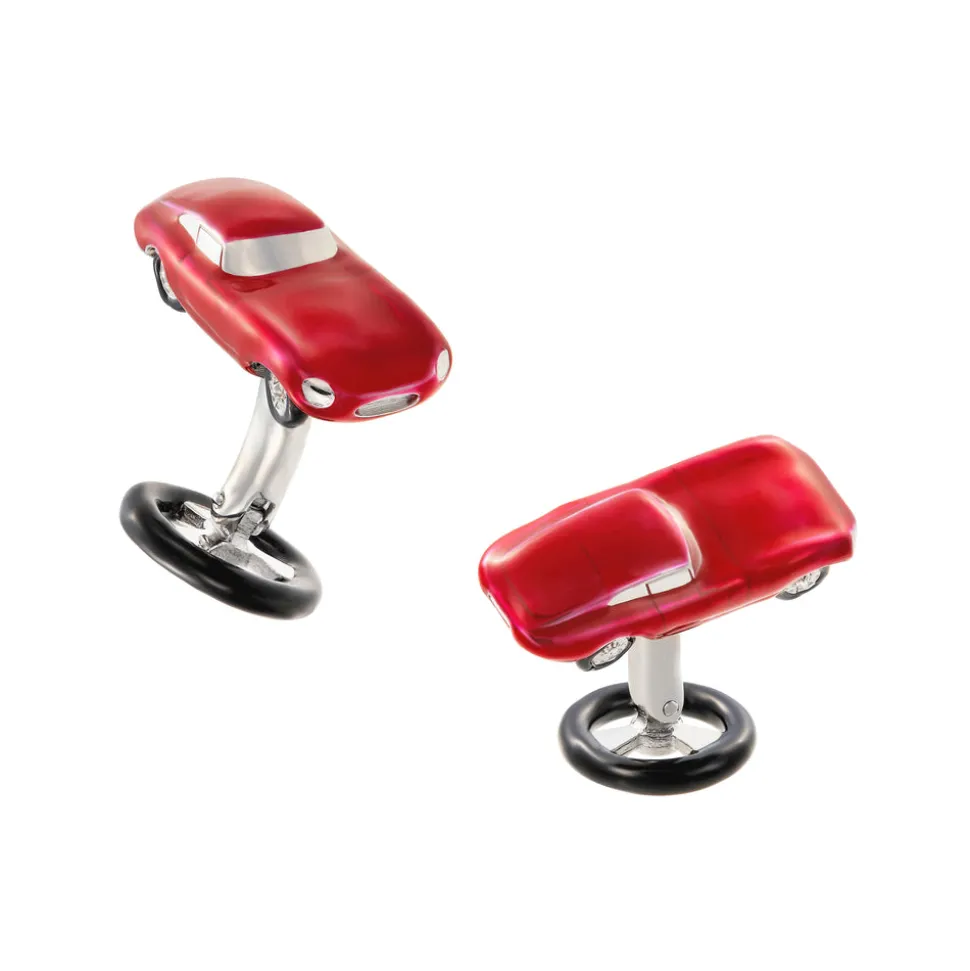 red_vintage_car_sterling__0.webp Red Vintage Car Sterling Cufflinks with Steering Wheel Backs