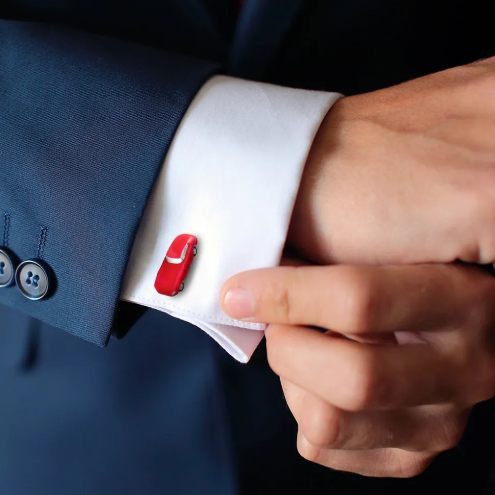 red_vintage_car_sterling__1.webp Red Vintage Car Sterling Cufflinks with Steering Wheel Backs