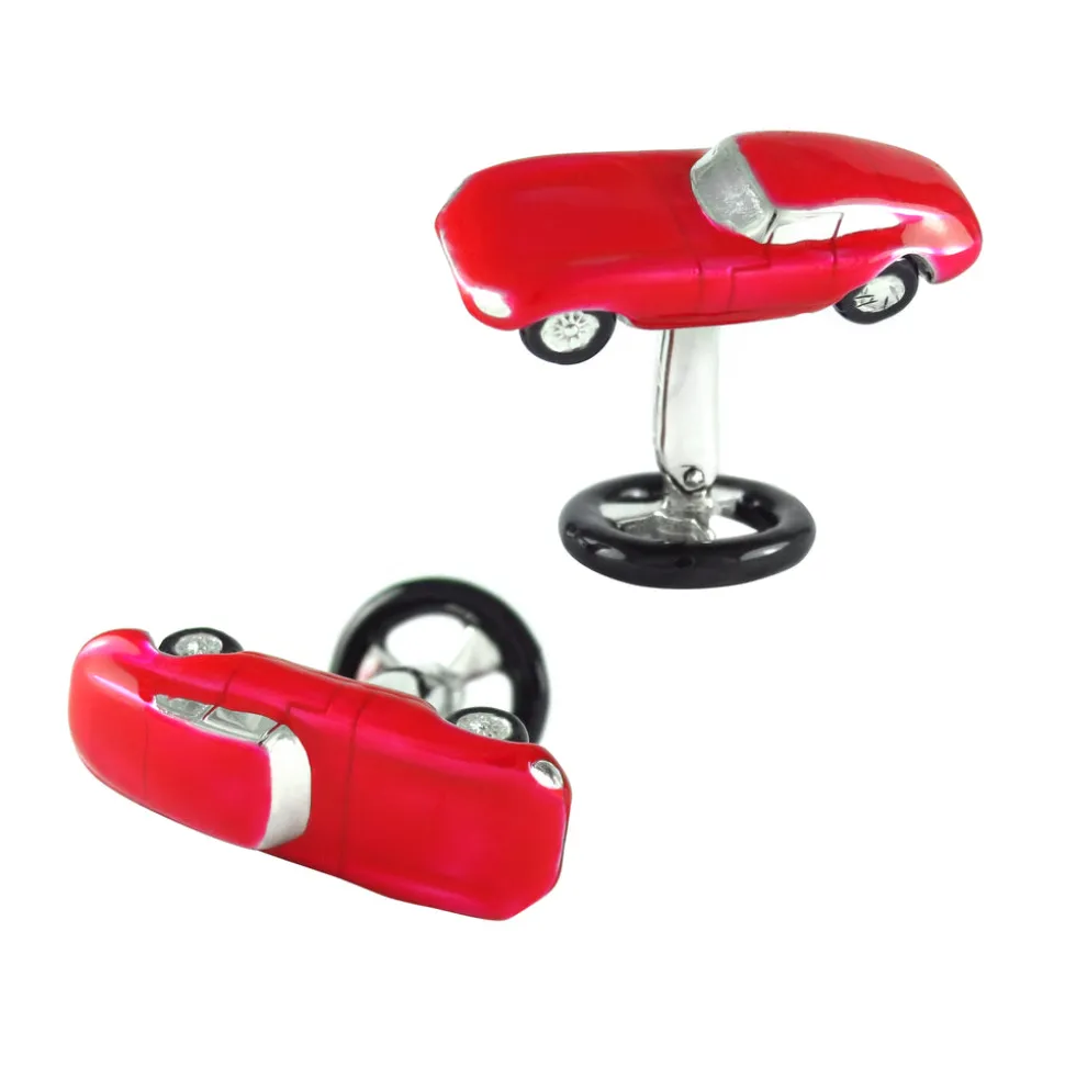 red_vintage_car_sterling__2.webp Red Vintage Car Sterling Cufflinks with Steering Wheel Backs
